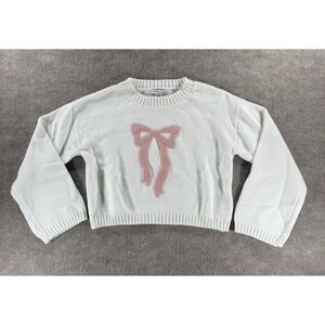 Sincerely Jules Bow Sweater XS White Pink Knit Crop Pullover Cozy Cute